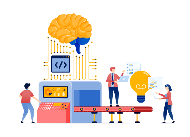 Personas en una fábrica de ideas impulsada por la red de Internet y el cerebro de la IA  Ilustración