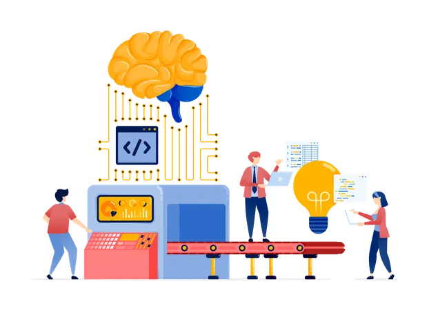 Personas en una fábrica de ideas impulsada por la red de Internet y el cerebro de la IA  Ilustración