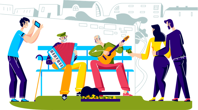 La gente escucha a artistas callejeros tocando instrumentos musicales.  Ilustración