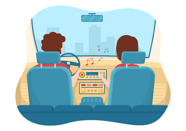 Gente escuchando música en el coche.  Ilustración