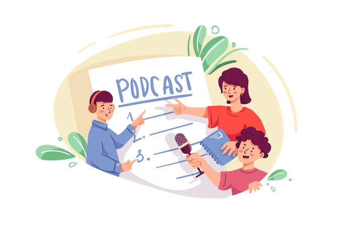 Gente escuchando podcast  Ilustración