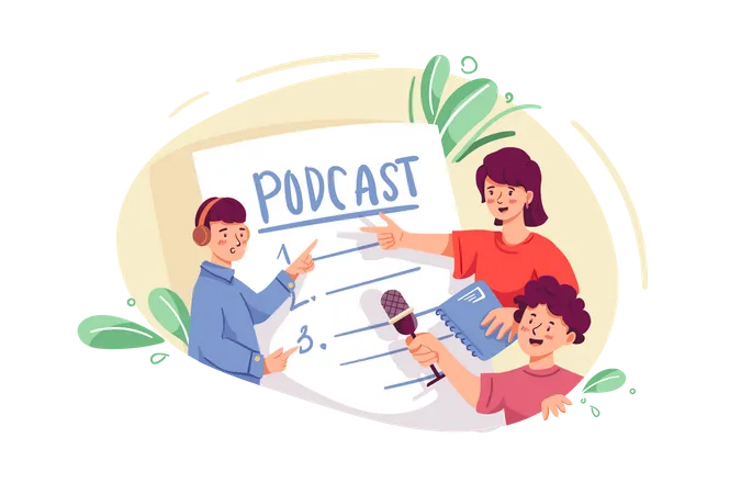 Gente escuchando podcast  Ilustración