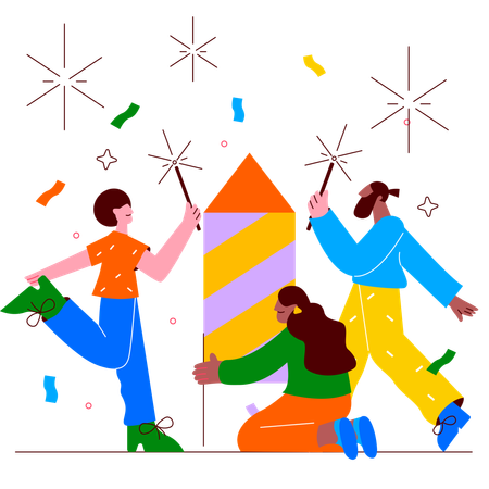 Personas haciendo estallar petardos con motivo del año nuevo  Ilustración