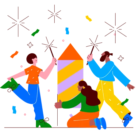 Personas haciendo estallar petardos con motivo del año nuevo  Ilustración