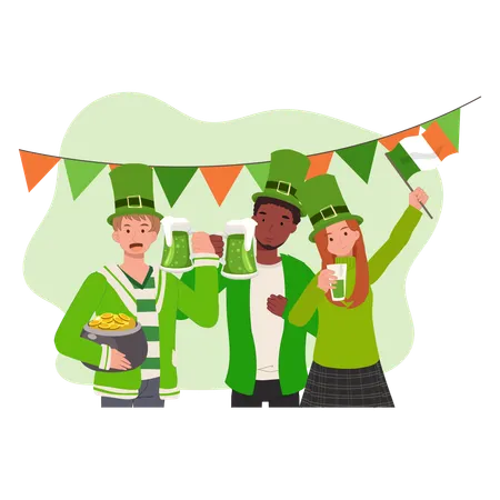 La gente feliz celebra el día de San Patricio.  Festival irlandés de alegría y tradición  Ilustración
