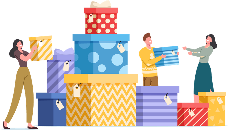 Gente feliz con cajas de regalo envueltas con lazo festivo  Ilustración