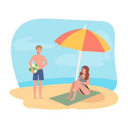Gente feliz en la playa  Ilustración