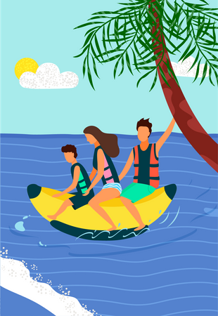Gente feliz montando plátano inflable  Ilustración