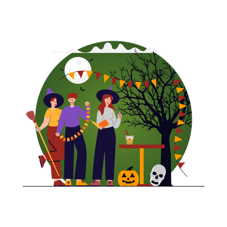 Gente haciendo celebración de Halloween  Ilustración