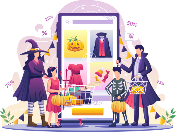 Gente haciendo compras de Halloween  Ilustración