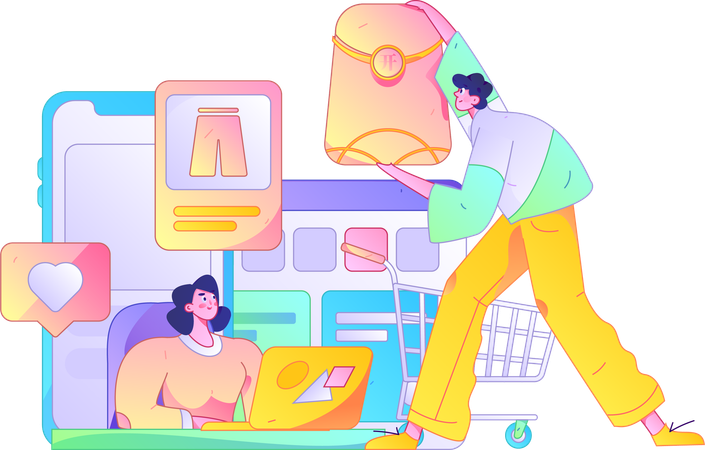 Personas haciendo compras de ropa en línea.  Ilustración