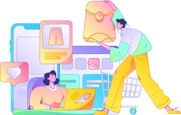 Personas haciendo compras de ropa en línea.  Ilustración