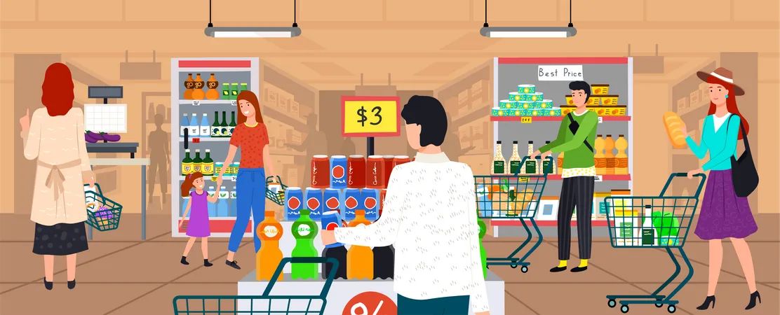 Gente haciendo compras en el supermercado.  Ilustración