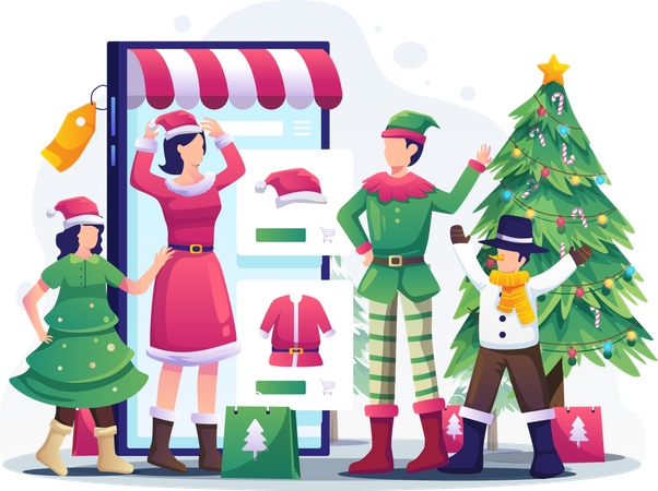 Personas haciendo compras online de trajes navideños.  Ilustración