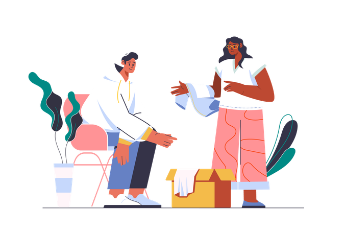 Personas haciendo donación de ropa.  Ilustración