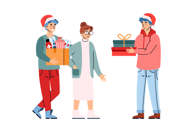 Personas que donan para las vacaciones de Navidad  Ilustración