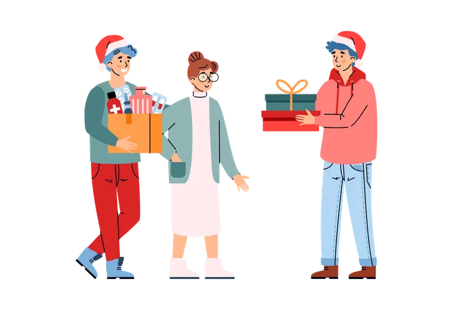 Personas que donan para las vacaciones de Navidad  Ilustración