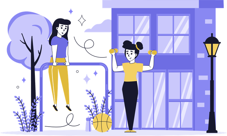 Gente haciendo ejercicio al aire libre  Ilustración