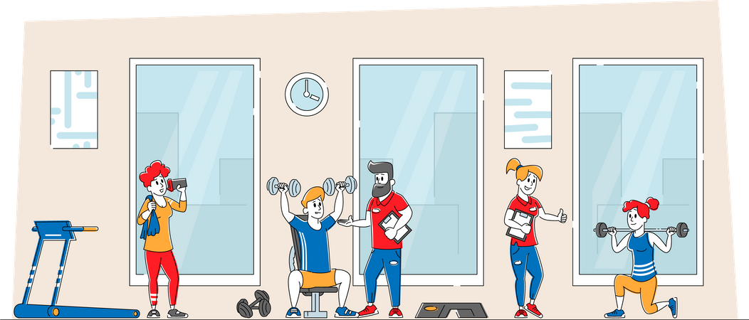 Gente haciendo ejercicio en el gimnasio con entrenador  Illustration
