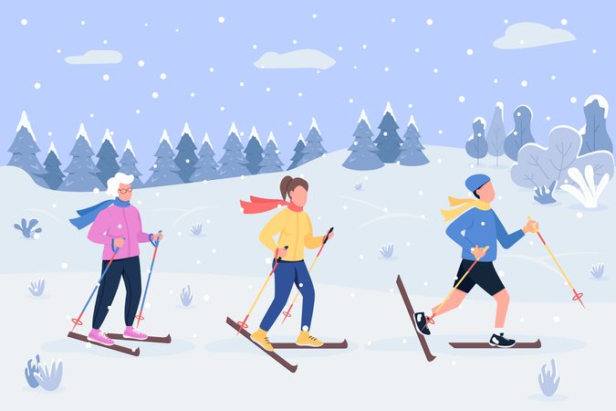 Gente haciendo esquí de invierno  Ilustración