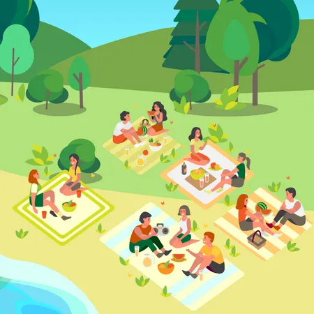 Gente haciendo picnic en el parque.  Ilustración