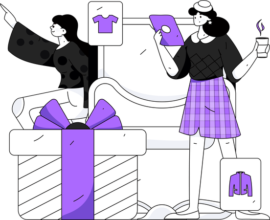 Personas comprando ropa desde un sitio web  Ilustración