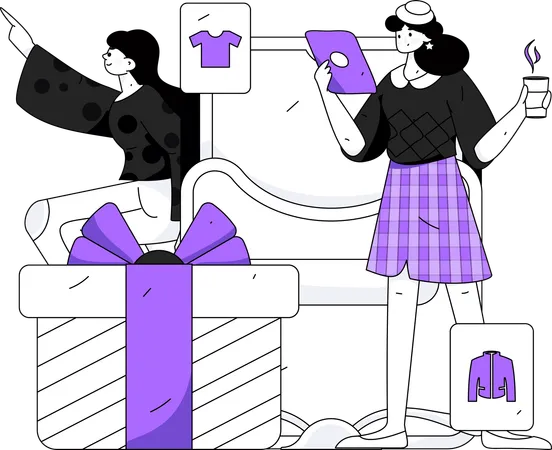 Personas comprando ropa desde un sitio web  Ilustración