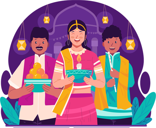 Pueblo indio con ropa tradicional celebrando el festival de luces de Diwali  Ilustración