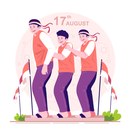 Pueblo indonesio jugando carreras de zuecos.  Ilustración