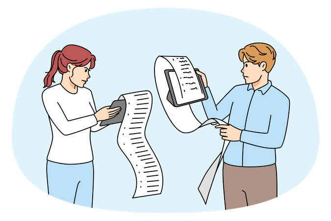 Personas infelices leyendo listas largas  Ilustración