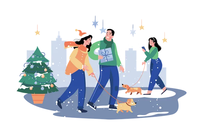 La Gente Sale A Pasar El Rato La Noche De Navidad Ilustración
