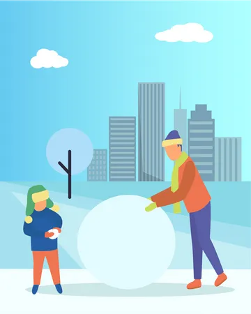 Gente jugando con bolas de nieve.  Ilustración