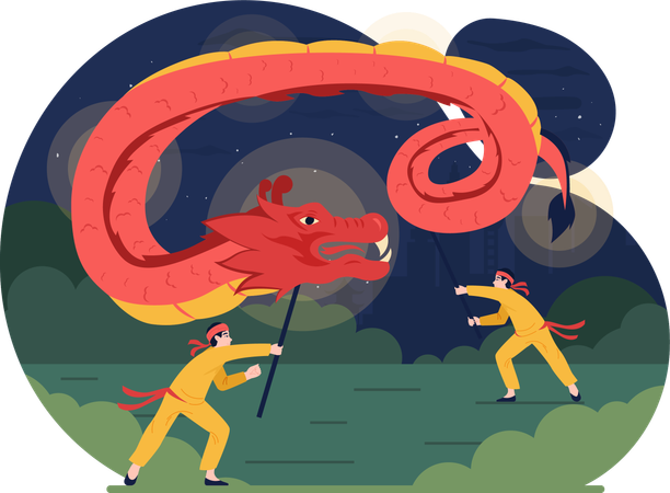 Gente jugando con dragón chino.  Ilustración