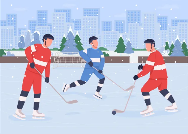 Gente jugando hockey en pista de hielo.  Ilustración