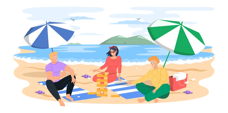 Gente jugando Jenga en la playa  Ilustración