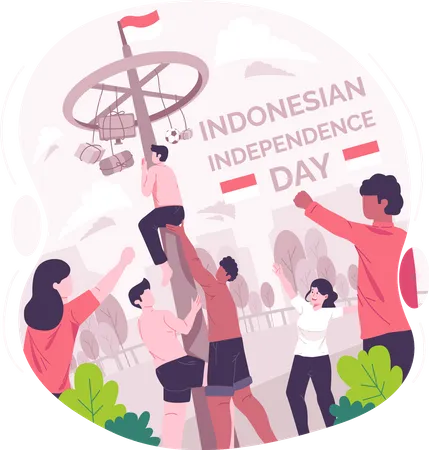 Personas jugando Panjat pinang o competencia de juegos de escalada de postes en el Día de la Independencia de Indonesia  Ilustración
