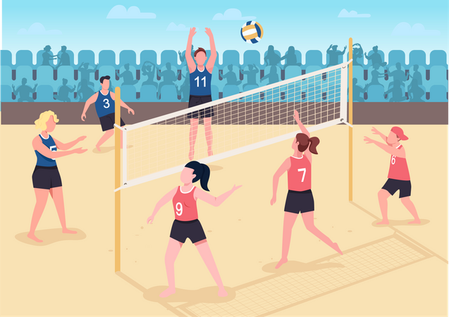 Gente jugando voleibol en la playa  Ilustración