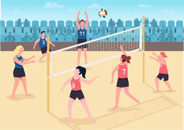 Gente jugando voleibol en la playa  Ilustración