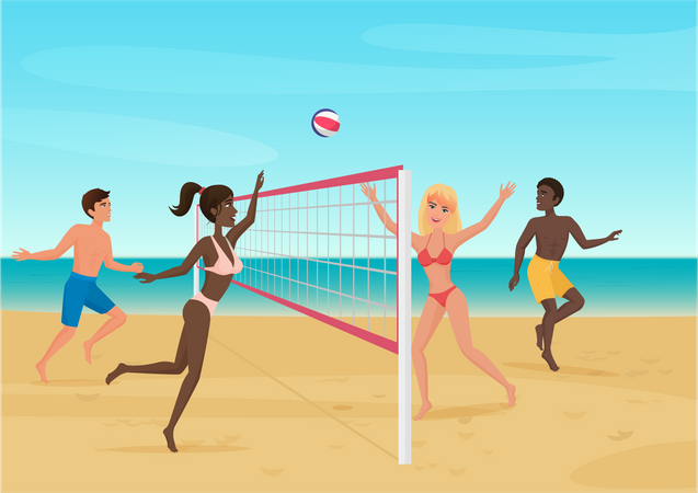 Gente jugando voleibol de playa  Ilustración