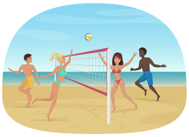 Gente jugando voleibol de playa  Ilustración