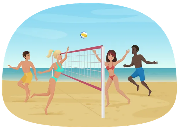 Gente jugando voleibol de playa  Ilustración