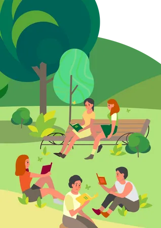 Gente leyendo un libro en el jardín  Ilustración