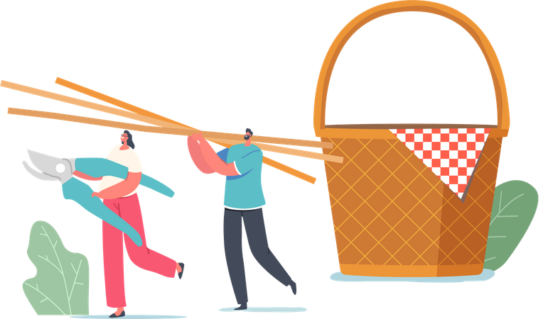 La gente lleva una cesta de picnic tejida con paja  Ilustración