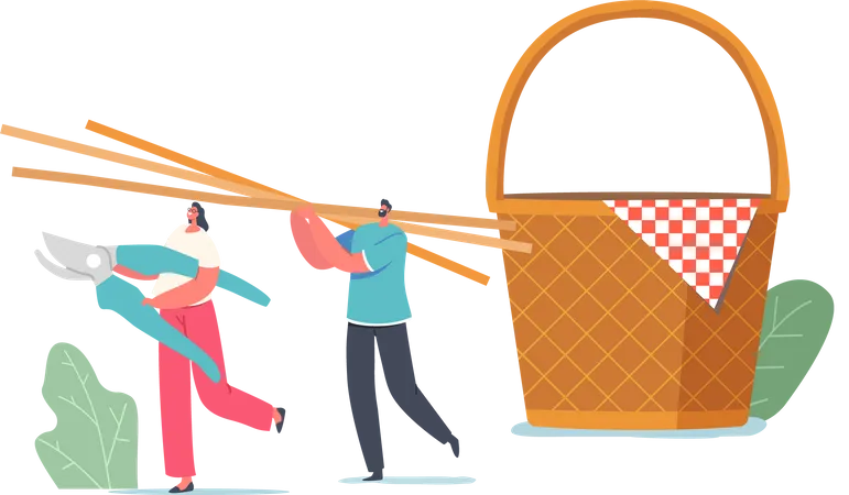 La gente lleva una cesta de picnic tejida con paja  Ilustración