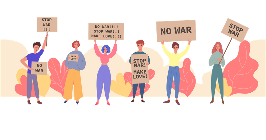 Personas manifestándose contra la guerra.  Ilustración