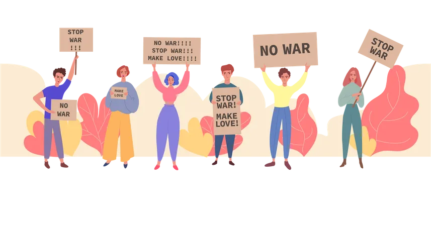 Personas manifestándose contra la guerra.  Ilustración
