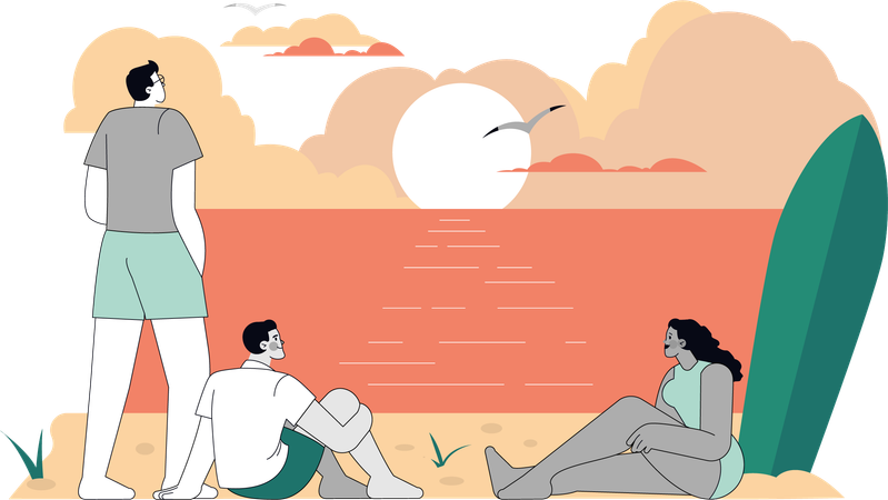 Gente viendo la puesta de sol en la playa  Ilustración