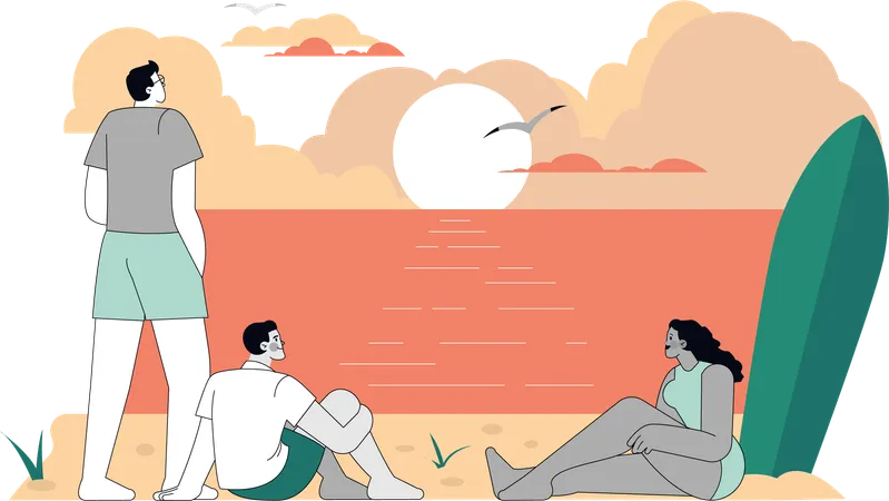 Gente viendo la puesta de sol en la playa  Ilustración