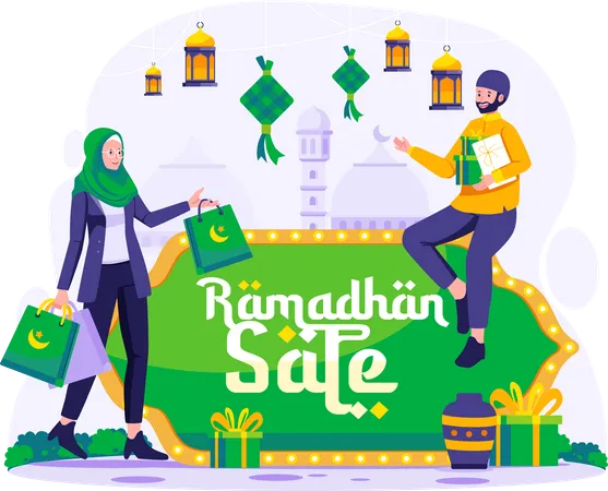 Musulmanes Comprando En Venta De Ramadan Ramadan Kareem Y Eid Mubarak Comercio Electronico Ilustracion Vectorial Del Concepto De Compras En Linea Ilustración