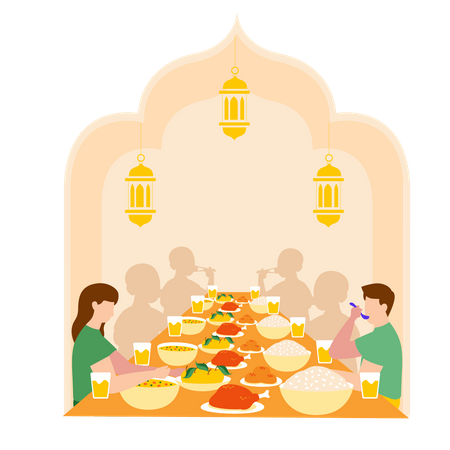 Pueblo musulmán en la mesa Iftar  Ilustración